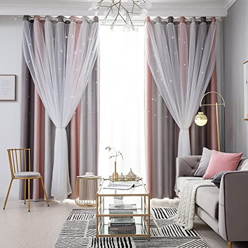 Vorhang Blickdicht Verdunkelungsvorhänge Sterne Gardinen Doppelschicht Sternenvorhänge mit Voile Vorhänge für Mädchen Schlafzimmer Wohnzimmer Kinderzimmer, 1 Stück (Grau, B 132 x H 210 cm)