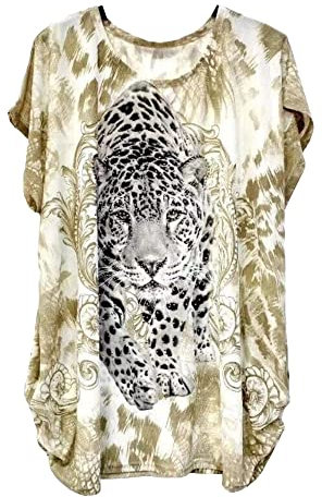 Ladies Cap Sleeve Tiger T Shirt Summer Top Animal Print Shirt Diamante Plus Size (7002, Black)