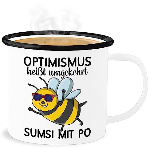 Emaille Becher Blechbecher - Statement - Optimismus heißt umgekehrt Sumsi mit Po I Büro Arbeitskollegen - 300 ml - Weiß Schwarz - statements bee tasse frohes neues jahr imker tassen new year