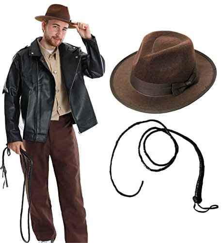 Erwachsene Explorer Zubehör Set - Braune Entdeckermütze und schwarze Peitsche - Erwachsene TV/Film Abenteurer Kostüm