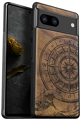 Carveit Holz Hülle für Pixel 8, Nussbaum-Kanagawa Waves | Cover [Einzigartiges Design Case] Stoßstange Stoßfeste hulle Kompatibel mit Google Pixel 8 Handyhulle