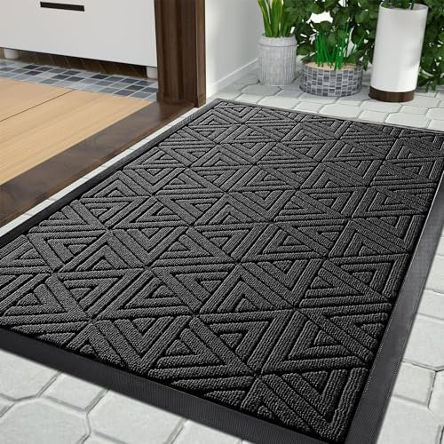 Yimobra Durable Front Entrance Door Mat, Heavy Duty Outdoor Indoor Doormat Entryway Floor Mat, Non Slip Rubber Backing, Easy Clean Shoe Scraper, Waterproof, Patio, Lawn, 120x81 cm, Black