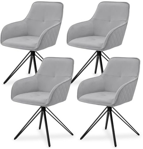 Juskys Drehstuhl Clyde mit Armlehne 4er Set - Esszimmerstuhl modern mit Stoff Bezug - Polsterstuhl Esszimmer - 120 kg belastbar - Stuhl Samt Hellgrau