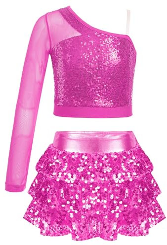 Alvivi Mädchen Tanzkleid Latein Pailletten Kleid Jazz Modern Dance Kostüm EIN-Schulter Langarmshirt Tops mit Rock Shorts Ballsaal Tanzkostüm A Dunkel Rosa 134-140