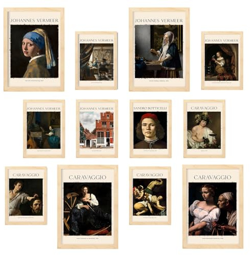 Nacnic Hochwertige Kunstdrucke-Set - 12 Stück | Vermeer und Caravaggio | Berühmter Malerstil | A3 und A4 Größen | Leichtes Holzrahmen-Wandbild für Wanddekoration