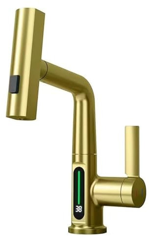 Robinet de Cuisine avec Douchette Extensible, Digital Affichage de la Température LED, Robinetterie Cuisine de Rotatif à 360°, 3 Modes Mitigeur d'Évier pour Lavabo Bains, Hauteur Réglable, Or