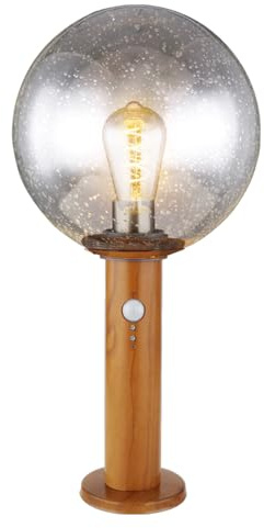 LED Sockellampe mit Bewegungsmelder Sockeleuchte Außenstehleuchte Gartenlampe Bewegungsmelder, Alu Holzoptik Glaskugel, Blasen-Optik, 7W 806lm warmweiß, DxH 25x50 cm