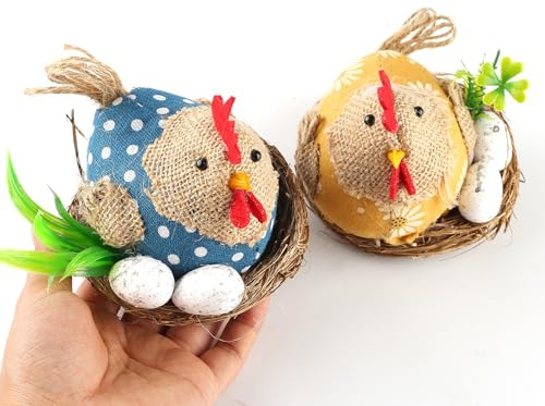 HERZWILD 2pcs Osterndeko Hahn Henne mit Eier und Hühnernest Huhn Nest Statue für Garten Desktop DIY Dekoration(C-2pcs)
