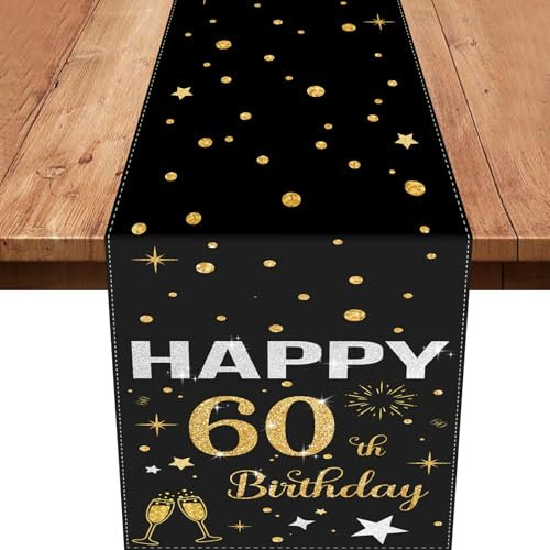 60.Tischdeko Geburtstag Schwarz Gold,Deko 60 Geburtstag Frauen Happy Birthday Tischläufer Tischdecke für 60 Party Geburtstagsdeko 180 x 35cm