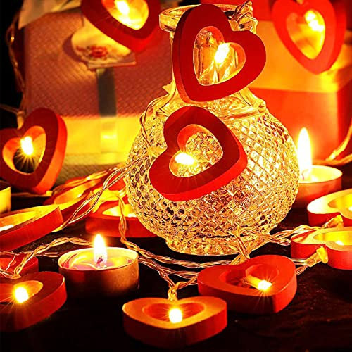 Valentinstag Deko LED Lichterkette Innen Herz Lichterkette, Batteriebetrieben, 10 Rote Holzherzen Valentinstag Lichter Love Heart Dekoration für Valentinstag Dekorationen Weihnachten Warmweiß
