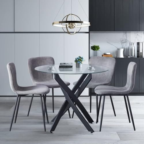 GOLDFAN Table à Manger avec 4 Chaises, Table Ronde et 4 Chaises, Ensemble Table en Verre Trempé de Cuisine 4 Personnes, Gris Foncé