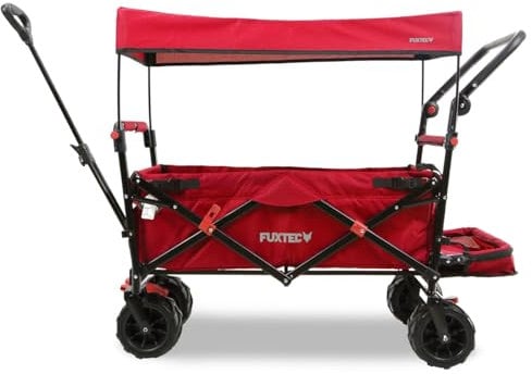 FUXTEC Beach Bollerwagen faltbar FX-CTB800 Rot mit Dach - Strandwagen klappbar |extra breite Räder | Schiebegriff & Innenraumverlängerung | Feststellbremse | Handwagen/Leiterwagen - Das Original