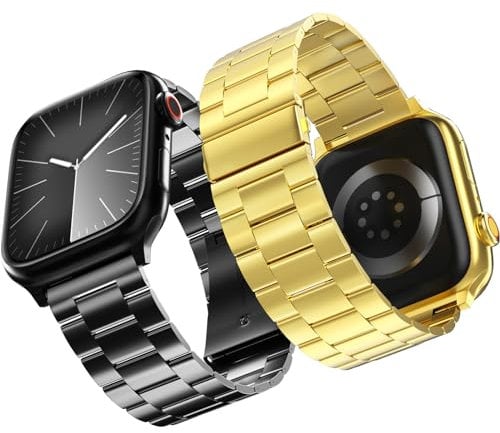 2-Pack Compatible for Apple Watch Straps 49mm 46mm 45mm 44mm 42mm, Rugged Stainless Steel Replacement Strap Metal Bands for iWatch Ultra 2/1 Series 10/9/8/7/6/5/4/3/2/1/SE/SE2 Women Men(Black+Gold)