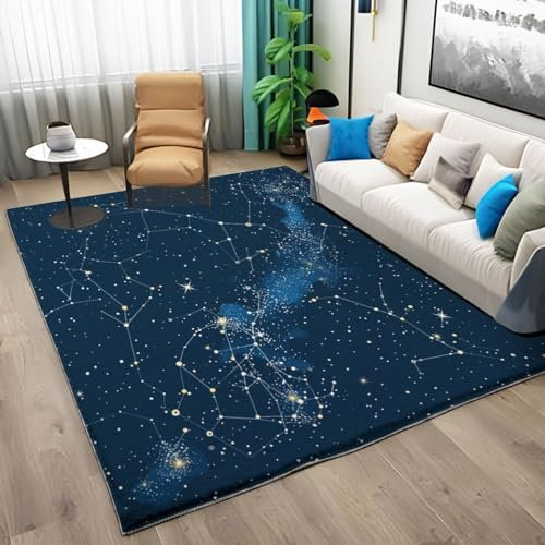 Teppich 80x150cm rutschfest Waschbar Teppich, Galaxie Sternbild Druck Teppich für Dekoration Schlafzimmer Kinderzimmer Wohnzimmer Kurzflor Teppich Navy Blau Kinderteppiche