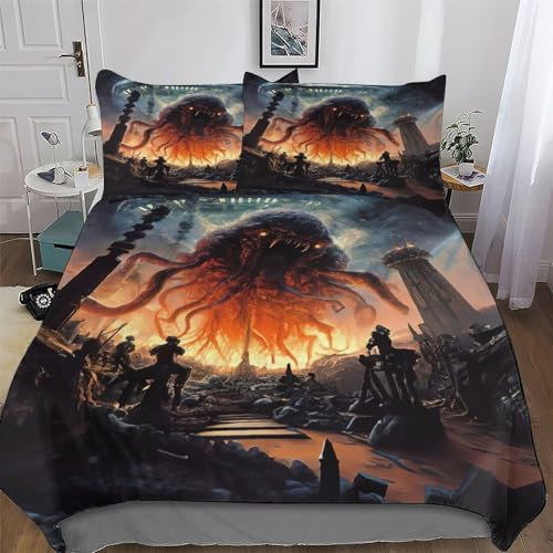 Cthulhu-Invasion Muster Bettwäsche Bettbezug Und Kissenbezug, 3D Digital Print, Mikrofaser Bettbezüge Deckenbezug Set 3teilig Für Erwachsene Teenager Kinder King (220x240cm)