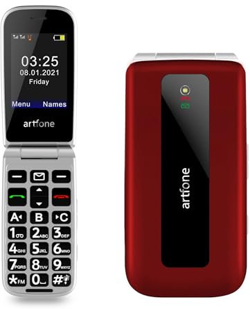 Artfone F20 Téléphone portable pour personnes âgées avec couvercle, grandes touches, bouton SOS, appel rapide, simple, volume élevé, batterie longue durée, langue espagnole rouge