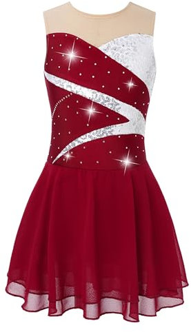 Kvysinly Glitzer Mädchen Ballettkleid Mit Strass Tanzkleid Rückenfrei Eiskunstlauf Kleid Tanz Gymnastik Training Tütü Rock Rot 158-164
