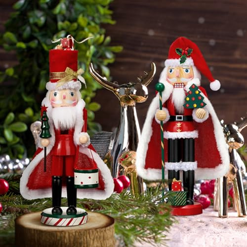 Soaoo 2 Pcs 13 Christmas Nutcrackers Figures Wooden Christmas Santa Nutcracker Decorative Red Green and White Nut Cracker for Xmas Festive Gifts Table Centerpiece Present Holiday Tabletop Decoration