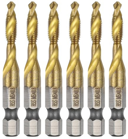 sourcing map 6pcs Combination Drill and Tap Bits Metric M5 x 0.8 Thread 1/4 Hex Shank Titanium Coated Threading Screw Taps 4341 High Speed Steel Machine Drilling Tapping Tool Kit
