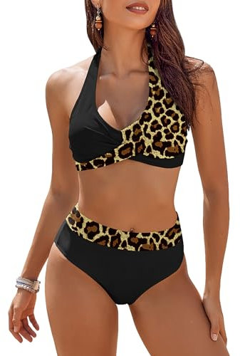 AI'MAGE Costume da Bagno Donna A Vita Alta Due Pezzi Bikini Set Push Up Imbottito Reggiseno Regolabile Costumi da Mare Vintage, Leopardo, XL