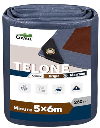 Covall Lona de Ojales Bicolor 260g/m² Impermeable Lona Gris/marrón súper Duradera para Techo, jardín, Cubierta, Piscina, Tienda de campaña.(5x6m)