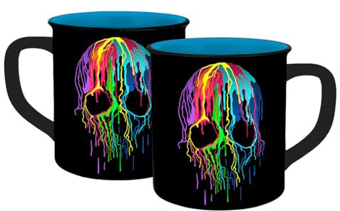 Tasse Skull Neon Emaille-Optik 400ml | Totenkopf | Halloween | Grusel | Neon | Keramik | Kaffee | Tee | Kakao | Kaffeebecher | schwarz