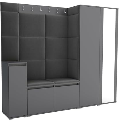 Brent - Garderobenschrank Flur Grau mit sitzbank 220 cm Breit Luton 8 - Multifunktionale Flurgarderobe Set mit Stauraum und Wandpaneel, Garderobe mit Sitzfläche und Kleiderhaken