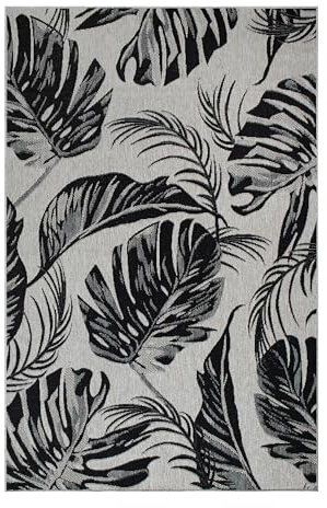 oKu-Tex In- & Outdoor Teppich UV-resistenter Teppich für draußen und drinnen Floral Monstera Muster Balkon, Veranda, Küche, Bad Sisaloptik grau schwarz, 200 x 290 cm