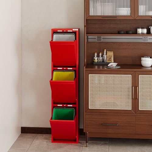 VEEHAUS Poubelle de cuisine pour une utilisation polyvalente avec rabats en acier inoxydable Poubelle élégante pour un rangement efficace et pratique Rouge (3 x 15 LT - 45 LT)