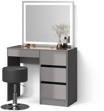 Livinity Schminktisch Imola, Grau | ✓ LED-Spiegel · ✓ Hocker · 4 Schubladen · Freistehend · Grifflose Optik
