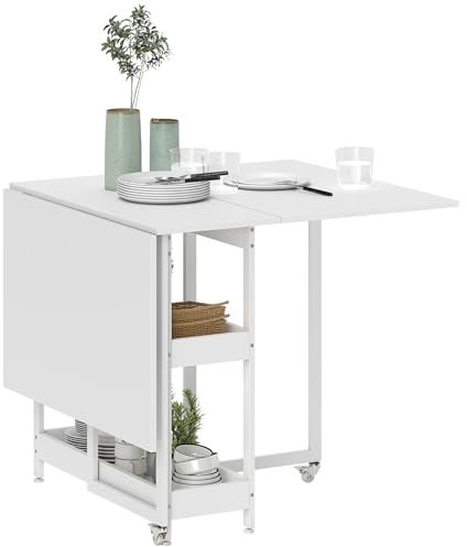 HOMCOM Esstisch Klappbar Küchentisch für 2-4 Personen mit 2 Offenen Ablagen, Esszimmertisch Klapptisch mit Rollen für Kleine Räume, Esszimmer, Küche 133,4 x 80 x 75 cm Weiß