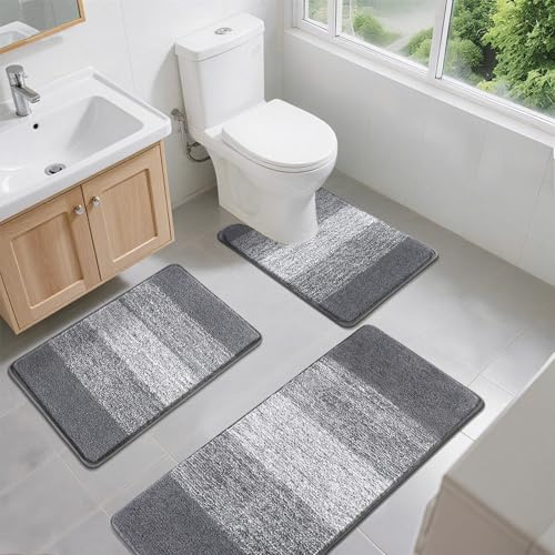 Enyhom 3-teiliges Mikrofaser-Badvorleger-Set, rutschfeste Badematten und WC-Vorleger für Badezimmer, waschbar, saugfähig, Badezimmerteppich, WC-Vorleger, dunkelgrau