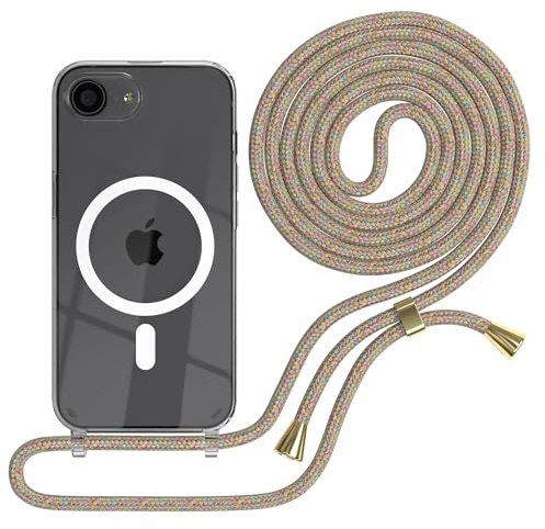 EAZY CASE - Handykette kompatibel mit iPhone 16e Kette zum Umhängen Stoßfest Handyhülle für Silikon Hülle mit Band Handytasche Transparent als Fallschutz in Rainbow