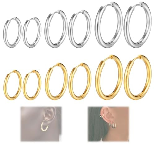 HABNI 6 Paare Kleine Creolen Ohrringe Für Damen Herren Chirurgenstahl Knorpel Huggie Ohrringe Snug Lobe Nase Lippen Daith Helix Piercing Schmuck Winzige Hoop Hinged Schläferohrringe 10/12/14Mm