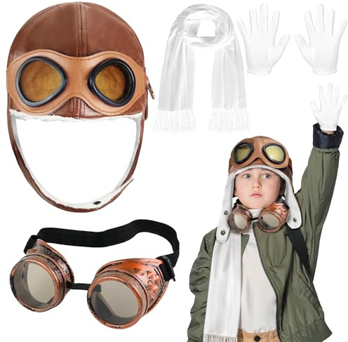 Bryndo Set di 4 costumi da pilota di compagnia aerea per bambini, cappello da pilota steampunk, occhiali con sciarpa bianca, guanti da aviatore, accessori per feste