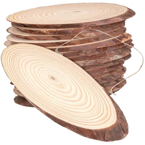SYUTBOU 15 Stück 25 x 9cm Ovale Holzscheiben, Naturholz Oval Baumscheiben mit Haken und Seil, Astscheiben Oval für Basteln, Dekoration