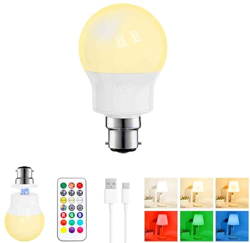 LED Rechargeable Light Bulb with Remote Magnetic B22 Bayonet Battery Light Bulbs, 3 Color Temperature + 9 RGB Colour, 480LM, 3 Timer, for Lights, Lamps Without Power, Camping, Emergency 1 PACK