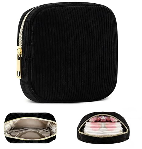 Corduroy Sanitary Pad Storage Bag, Discreet Period & Makeup Organiser Bags, Portable Black Small Makeup Bags for Women, Reusable Period Bag for Tampons Cosmetics Essentials (Black)