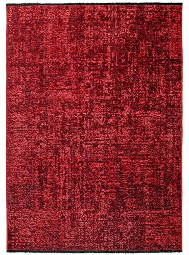 Stilvoll Günstig by ELMM Kurzflor Teppich Rot 80 x 150 cm – Einfarbig, 7 mm, 16% Chenille, 84% Baumwolle, für Wohnzimmer & Schlafzimmer