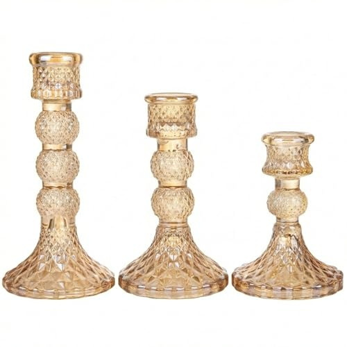 Olrla Juego 3 Portavelas Vidrio Ámbar Varias Alturas, Decoración Mesa Escalonada