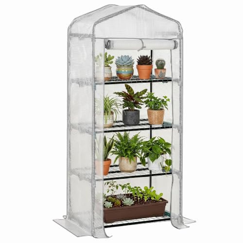 Outsunny Gewächshaus mit Regale Rolltor 70 x 50 x 160 cm Weiß+Grau | Winterfest, Foliengewächshaus, Treibhaus, Tomatenhaus, Tomatengewächshaus, für Tomaten Gemüse Blumen Pflanzen