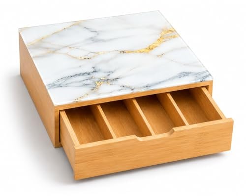 Cassetto Portacapsule in Bamboo con Piano in Vetro Effetto Marmo – Organizer Capsule Caffè 4 Scomparti, Porta Capsule e Cialde, Salvaspazio per Cucina e Coffee Station