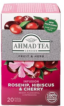Ahmad Tea - Rosehip, Hibiscus & Cherry - Früchte- und Kräutertee ohne Koffein - Hagebutte, Hibiskus & Kirsche - Einzeln Verpackte, Aromaversiegelte Teebeutel mit 2g Tee pro Portion - 20 Teebeutel