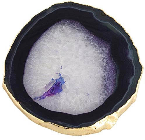 mookaitedecor 2 Stück Lila Geode Achat Platten Tisch Untersetzer | Vergoldet Achat Stein, Dekorative Steinplatten Achatscheiben Tisch Stein für Servierplatten Namen Karten für Hochzeit