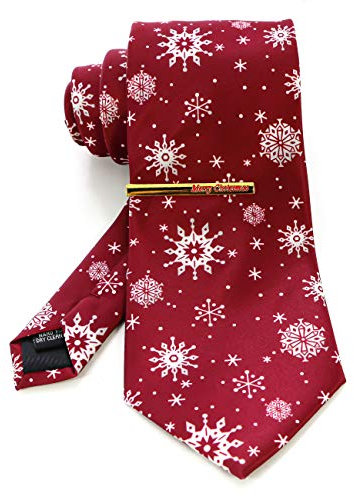 JEMYGINS Cravate Homme Rouge, Flocon de neige en Polyester Cravate imprimée à motif de Noël et Pinces à cravate Ensemble