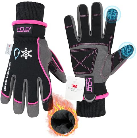 HANDLANDY Wasserdichte isolierte Arbeitshandschuhe, Thermo-Winterhandschuhe für Damen und Herren, Touchscreen, warme Ski-, Snowboard-Handschuhe für kaltes Wetter, Rosa, Größe M