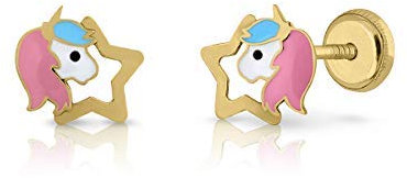 Orecchini oro con certificazione / bambino/donna. design unicornio. chiusura di sicurezza a vite. Dimensioni 7,5 x 8 mm. (4-4854-7)