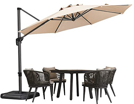 PURPLE LEAF 330 cm Sonnenschirm groß Ampelschirm Rund 360-Grad drehbar mit Fußpedal und Kreuzsockel für Terrasse, Balkon Sonnenschutz, Beige