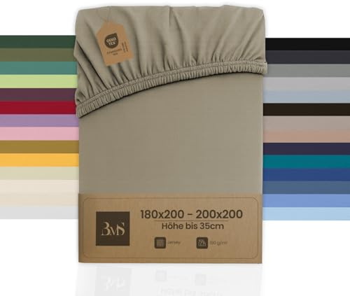 Bettwaesche-mit-Stil Spannbettlaken Jersey Spannlaken Spannbetttuch (180x200-200x200 cm, Matratzenhöhe bis 35cm, Braun (Taupe)) Gewicht: 180g/m², 90% Baumwolle 10% Elasthan