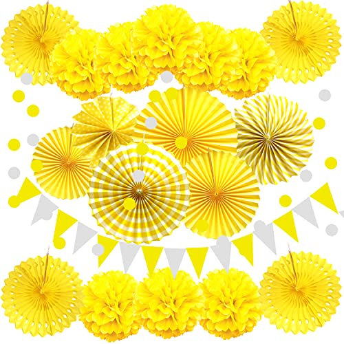 ZERODECO Party Dekoration Papier Pompoms, Gelb Aufhängen Fächer Dreieckige Wimpel und hängende Glitter Punkt Papier Girlande Dekorpapier für Party Hochzeit Geburtstag